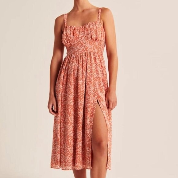 Abercrombie & Fitch Women's Orange Floral Ruched Midi Dress - Size L Large - Picture 1 of 6